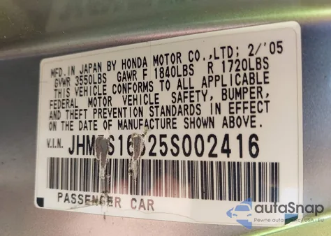 2005 Honda Civic Lx from USA, damaged, VIN JHMES16525S002416